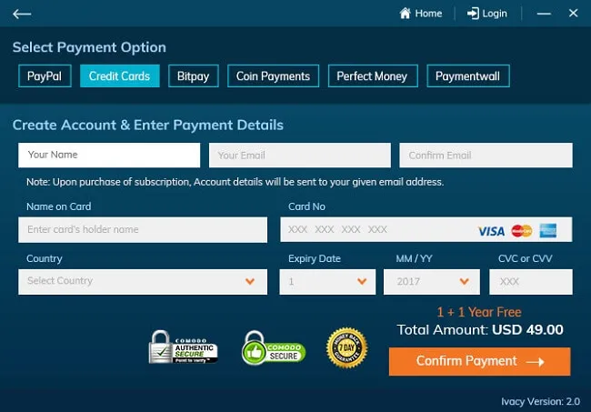 Ivacy VPN Payment Methods