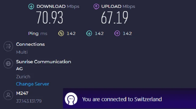 Obscured VPN connected to Switzerland