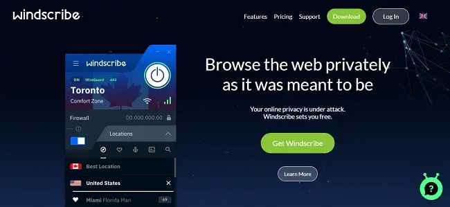 Windscribe vpn home page